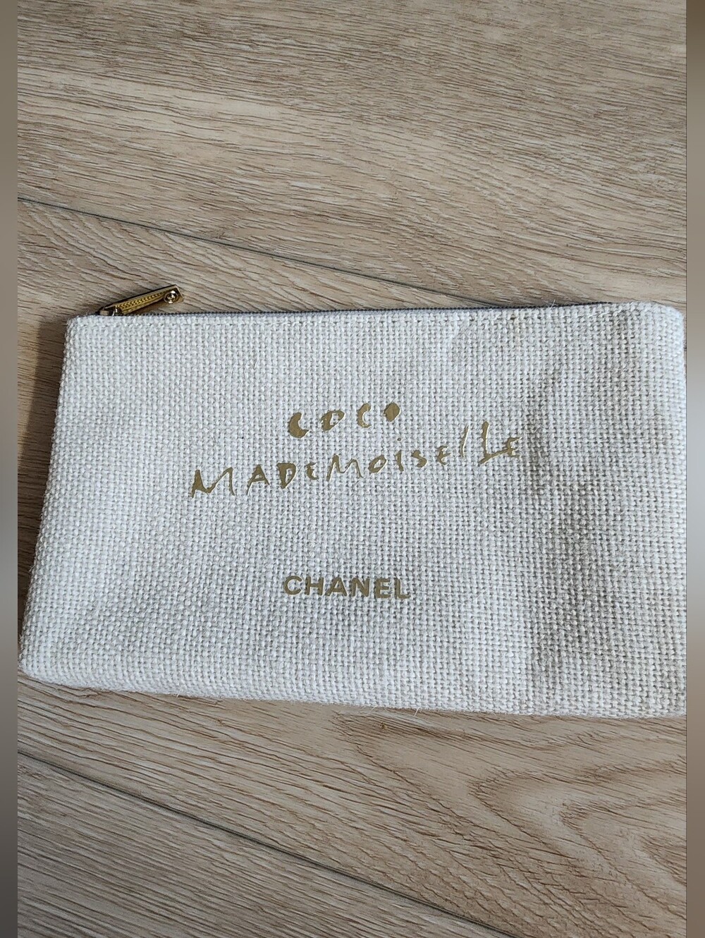 New Chanel beige canvas cosmetic Zipper pouch Cream Biege Bag